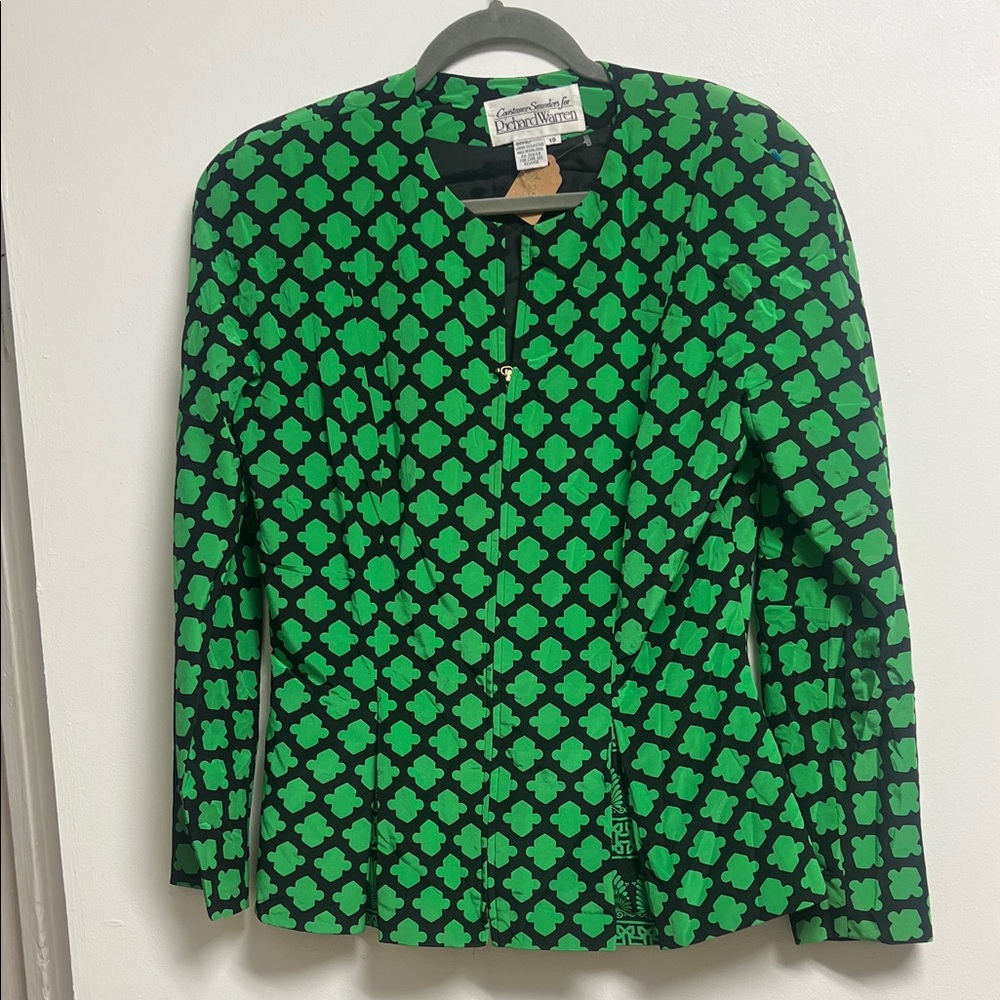 Richard Warren Vintage Silk Green and Black Clover Print Zip Jacket Medium